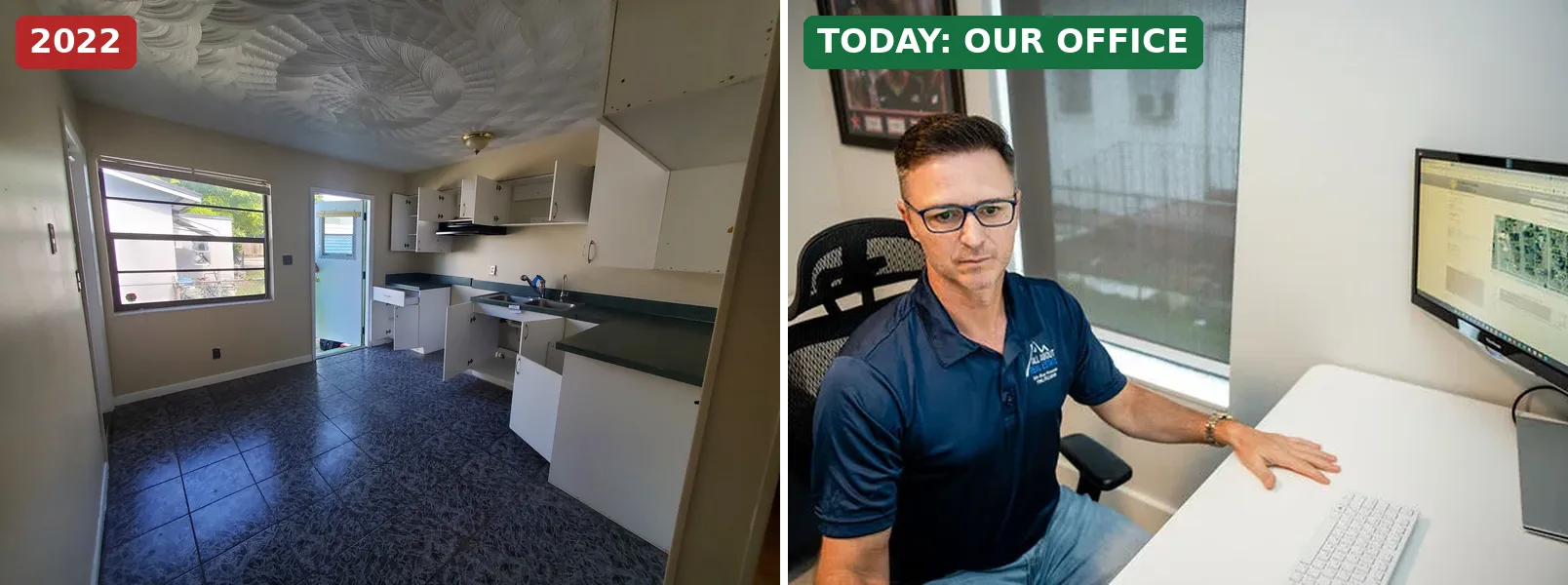 The All About Real Estate office in Hollywood, FL in 2022 before renovation and today with founder Petru Pusta