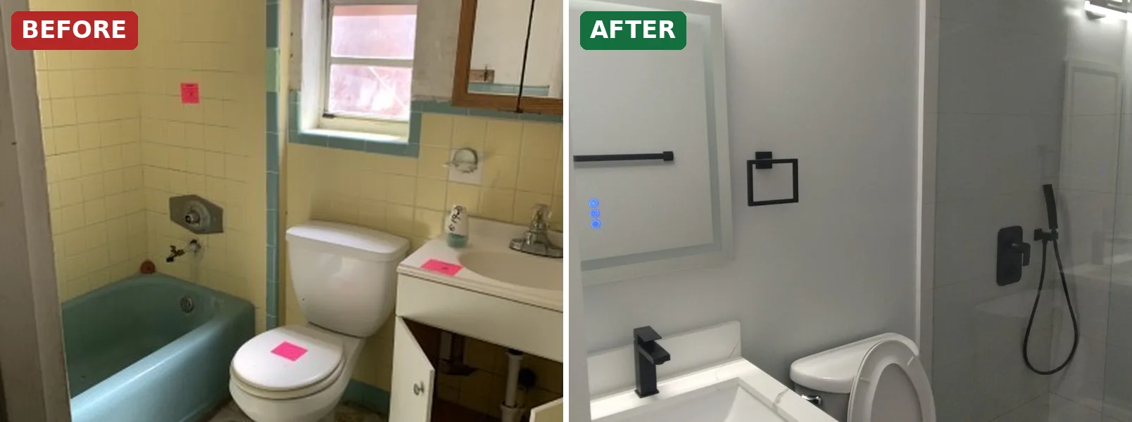 Before and after: worn Miami duplex bathroom renovated with a glass shower and new vanity