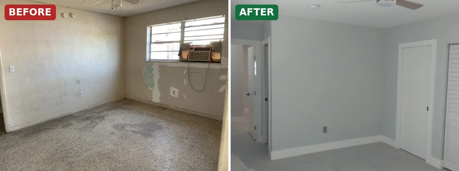 Before and after: stained Miami duplex bedroom renovated with new floors, paint and closets