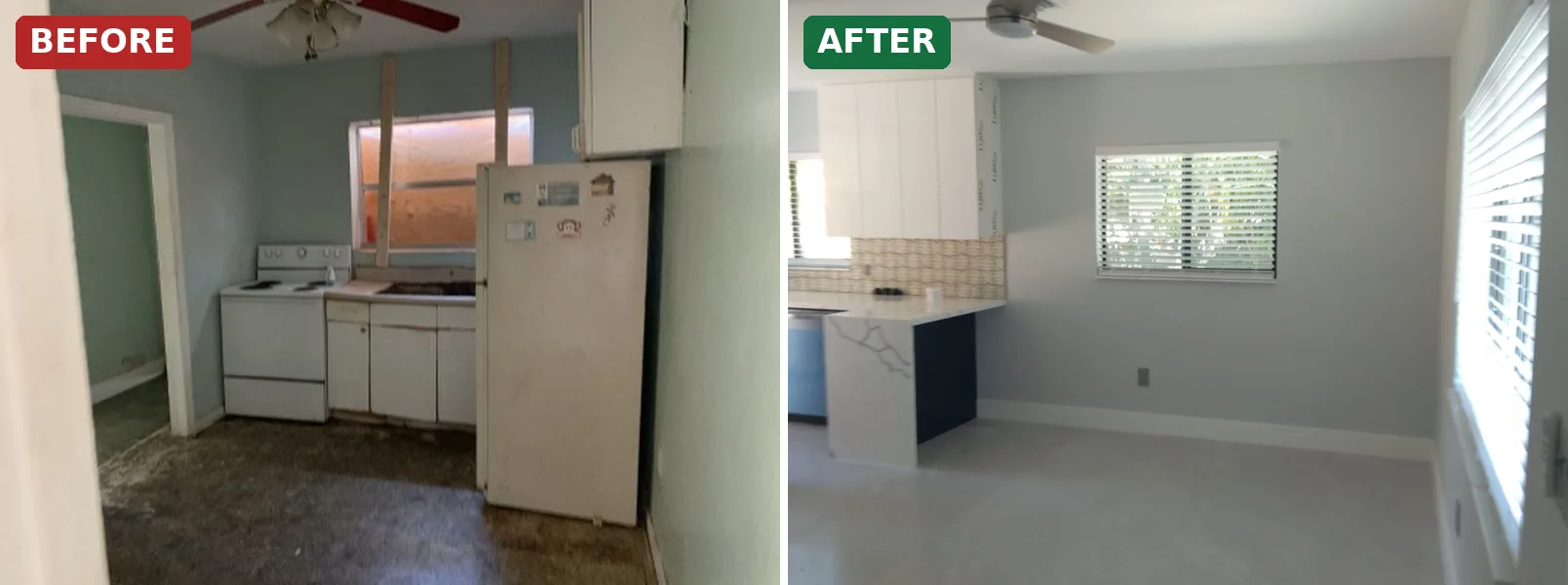 Before and after: neglected Miami duplex kitchen renovated with navy cabinets and new flooring