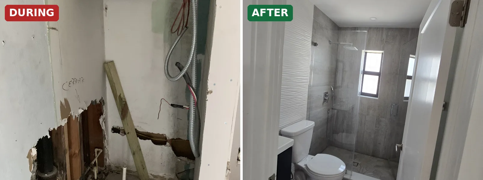 During and after: gutted Miami bathroom rebuilt with a tiled walk-in shower