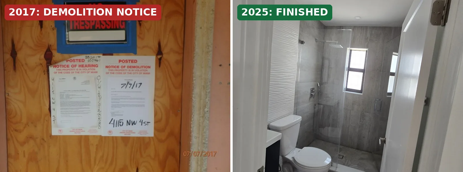 A City of Miami demolition notice posted in 2017 and the same house finished in 2025 after All About Real Estate renovated it