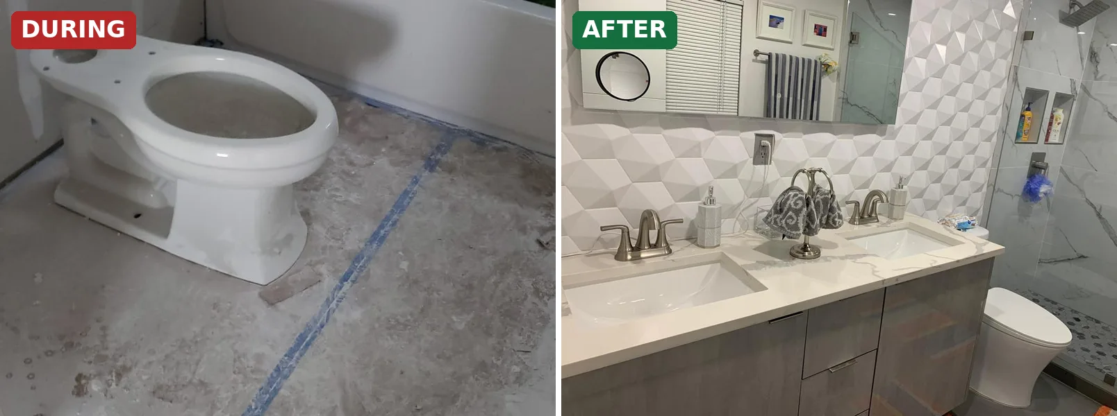 During and after: Miami rental bathroom rebuilt with a double vanity and tiled shower