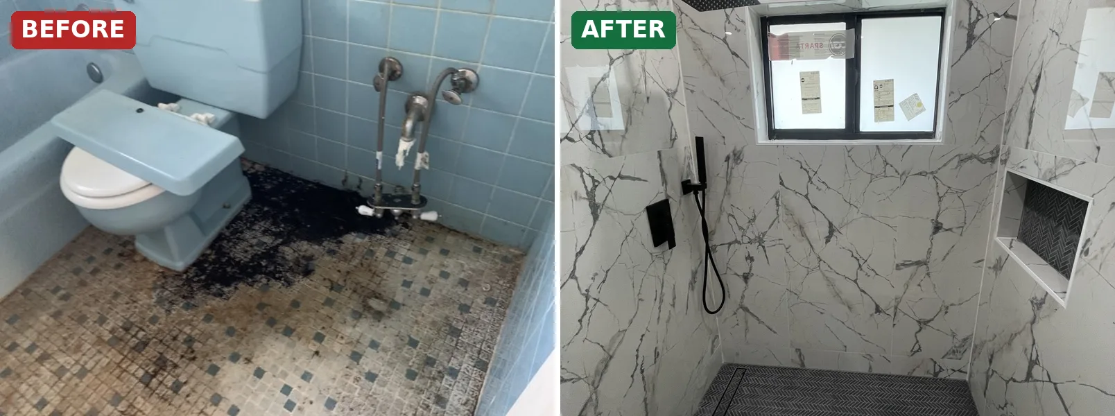 Before and after: dated bathroom with a damaged shower floor renovated into a marble walk-in shower in a South Florida fourplex