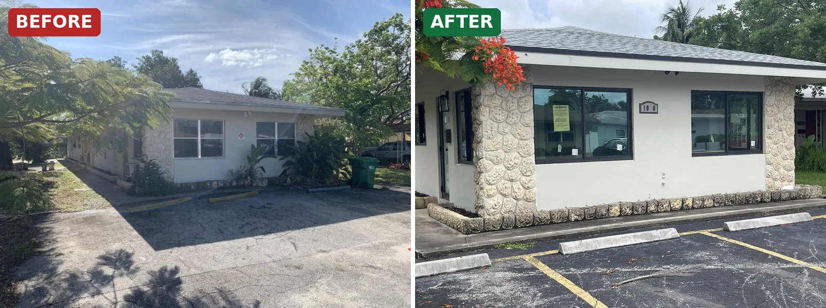 Before and after: overgrown fourplex exterior renovated with new impact windows, paint and parking