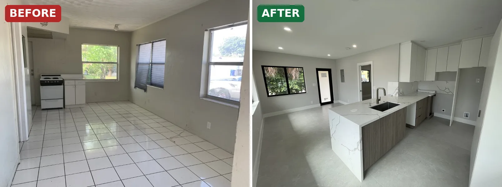 Before and after: empty unit with an old kitchenette renovated with quartz counters and new cabinets in a South Florida fourplex